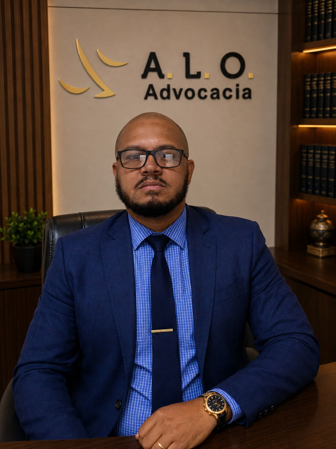 Dr. Alexandre Lopes de Oliveira sentado à mesa do escritório